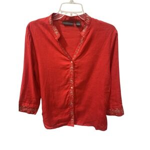 Women's XL 100% Linen Red Button Blouse 3/4 Sleeve‎ v neck button down tunic